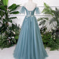 Beautiful Green Tulle Off Shoulder Party Dress, A-Line Prom Dress With Flowers   cg16282