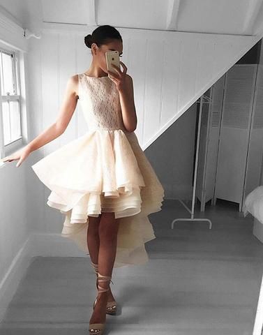 Champagne A line lace high low prom dress     cg16301