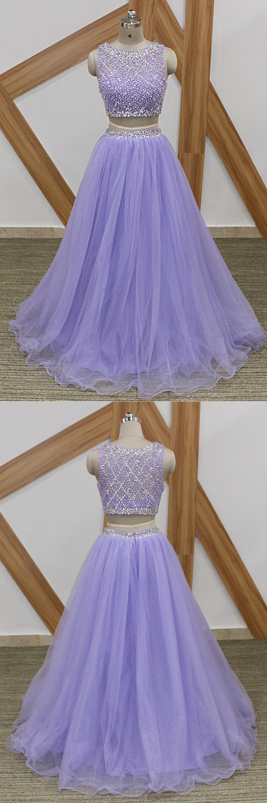 Lavender Tulle Long Beaded Two Pieces Prom Dress, Custom Made Arabic Party Gown   cg16312