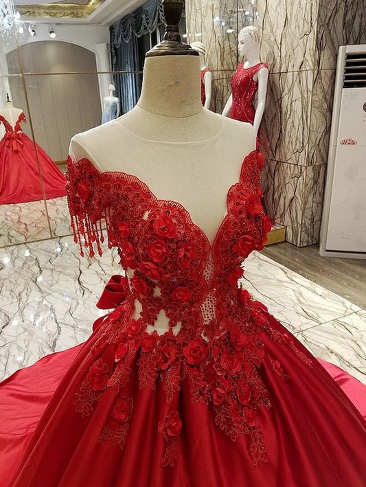 New High-end Luxury Satin Evening Dress Bride Married Red Lace Flower with Beading Sweep Train Long Prom Party Gowns   cg16313