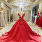 New High-end Luxury Satin Evening Dress Bride Married Red Lace Flower with Beading Sweep Train Long Prom Party Gowns   cg16313