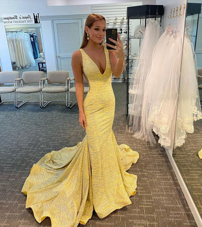 Plunge Yellow Mermaid Evening Dress prom dress  cg16327
