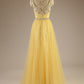 Spaghetti Straps Long Tulle Evening Gowns,Charming Long Prom Dresses,Yellow Dresses   cg16336