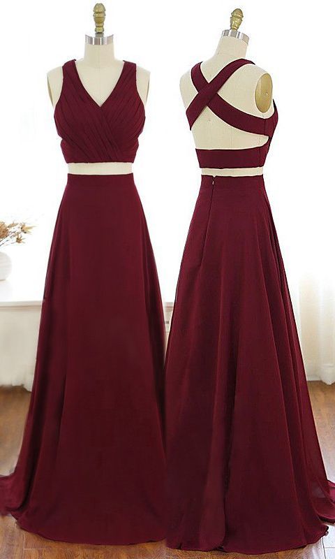 V-Neck Burgundy Party Dress Criss-Cross Straps Chiffon Two Piece Prom Dress cg1636