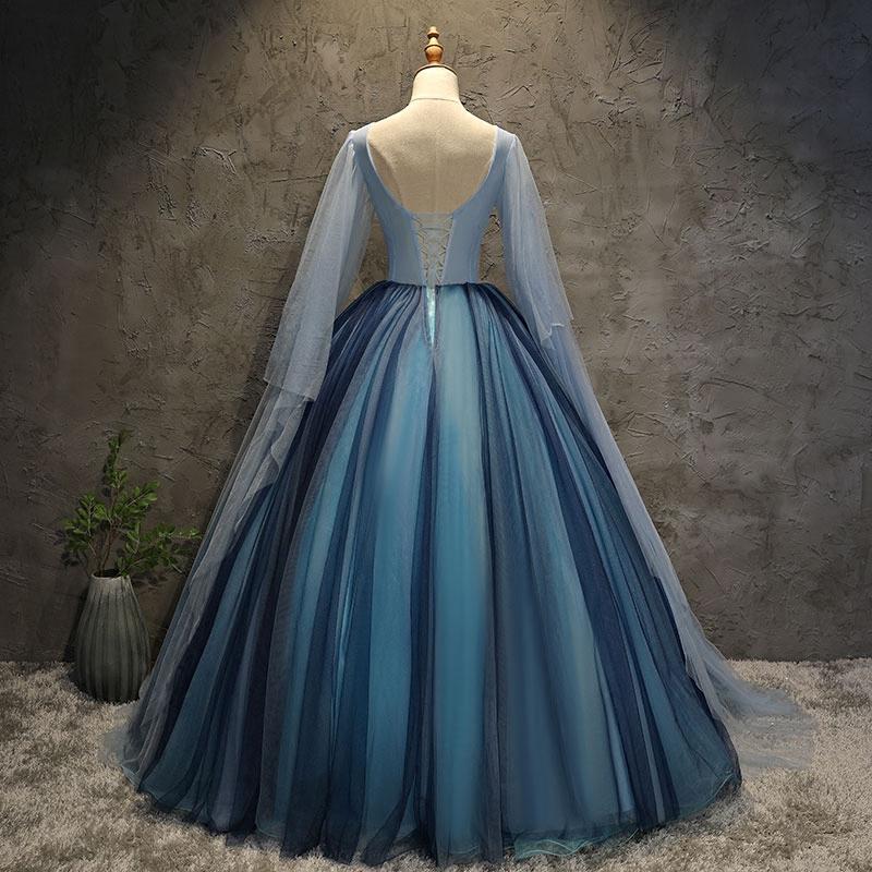 Blue Tulle Ball Gown Long Sweet 16 Dress With Lace Applique, Prom Dress   cg16360