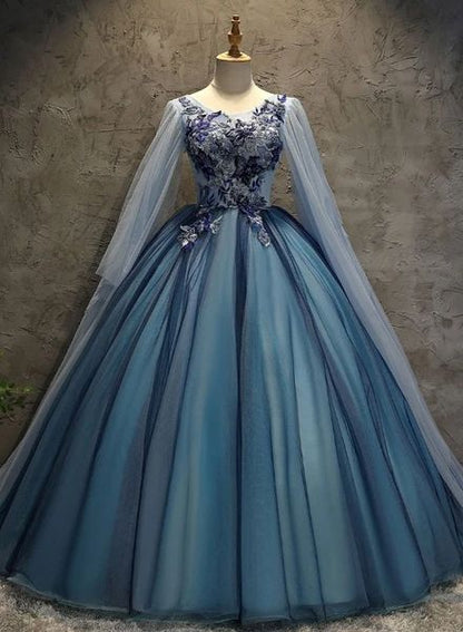 Blue Tulle Ball Gown Long Sweet 16 Dress With Lace Applique, Prom Dress   cg16360
