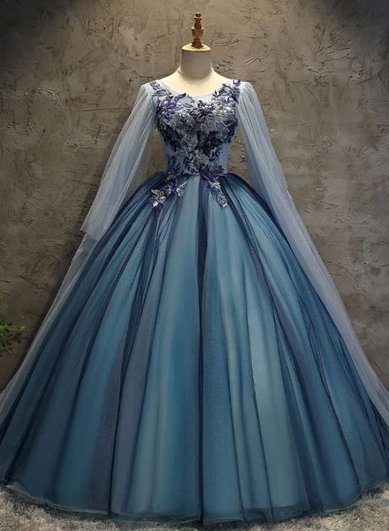 Blue Tulle Ball Gown Long Sweet 16 Dress With Lace Applique, Prom Dress   cg16360