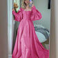 Princess A Line Satin Baby Blue /Pink Bishop Sleeves Prom Party Dresses with Slit Formal Gowns Buttons   cg16369