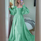 Princess A Line Satin Baby Blue /Pink Bishop Sleeves Prom Party Dresses with Slit Formal Gowns Buttons   cg16369