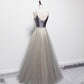 GREY V NECK TULLE LONG PROM DRESS EVENING DRESS   cg16371
