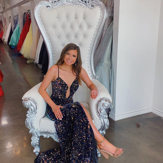 Dark Navy Sequined Mermaid Long Evening Dress prom dress with slit    cg16373