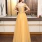 Beautiful Gold Off Shoulder Long Tulle Junior Prom Dress, Lace-Up Evening Dress   cg16387