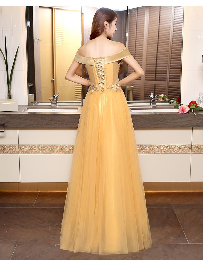 Beautiful Gold Off Shoulder Long Tulle Junior Prom Dress, Lace-Up Evening Dress   cg16387