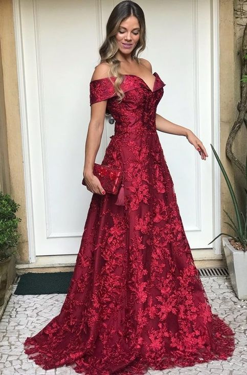 Burgundy off the shoulder lace full length dark red elegant prom dresses   cg16402