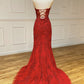 Red mermaid lace long prom dress evening dress   cg16443