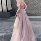 Pink Beaded High Slit Spaghetti Straps Long Junior Prom Dress, V Back Party Dress   cg16446