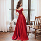 Red Satin Short Sleeves With Lace Applique A Line Formal prom Dress, Red Evening Gown Party Dress   cg16447