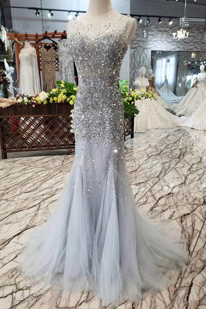 Gorgeous Mermaid Backless Silver Grey Sequins Prom Dress, Mermaid Silver Grey Formal Dress, Shiny Silver Grey Evening Dress   cg16455