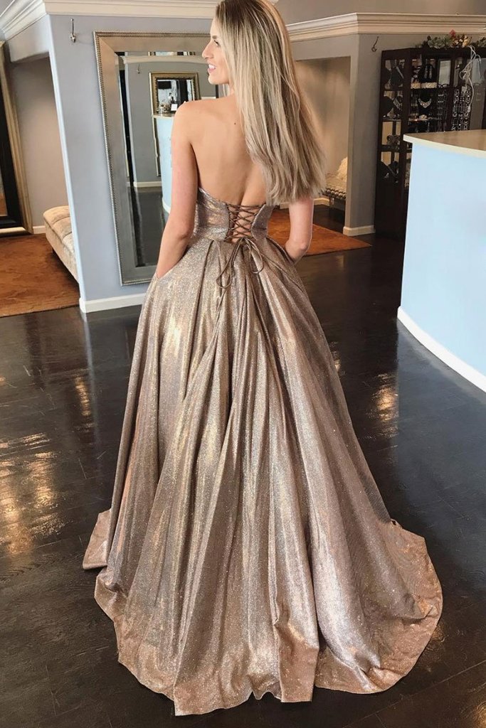 Shiny Strapless Sweetheart Neck Champagne Long Prom Dress, Golden Long Formal Evening Dress   cg16456