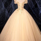 Champagne Tulle Lace Applique Off Shoulder Long Sweet 16 Prom Dress, Evening Dresses   cg16495