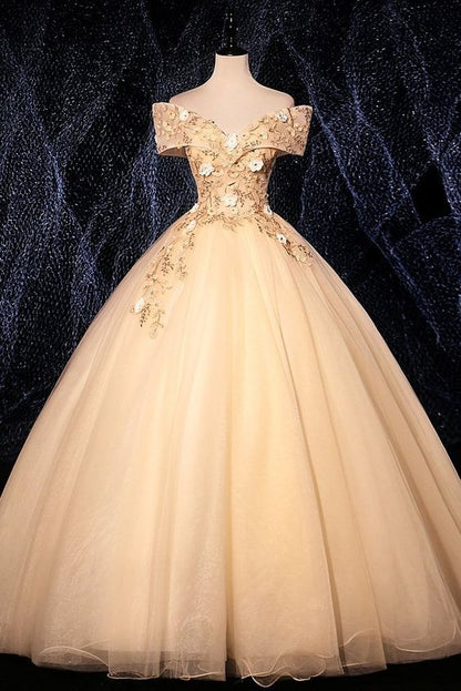 Champagne Tulle Lace Applique Off Shoulder Long Sweet 16 Prom Dress, Evening Dresses   cg16495