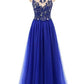 Charming Blue Beaded Tulle Long Party Dress, Round Neckline Prom Dress   cg16497