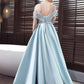 Light Blue Long Satin Lace Off Shoulder Floor Length Prom Dress, Blue Formal Dress   cg16500