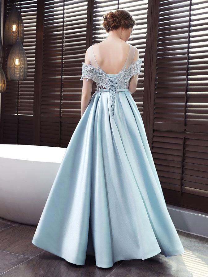 Light Blue Long Satin Lace Off Shoulder Floor Length Prom Dress, Blue Formal Dress   cg16500