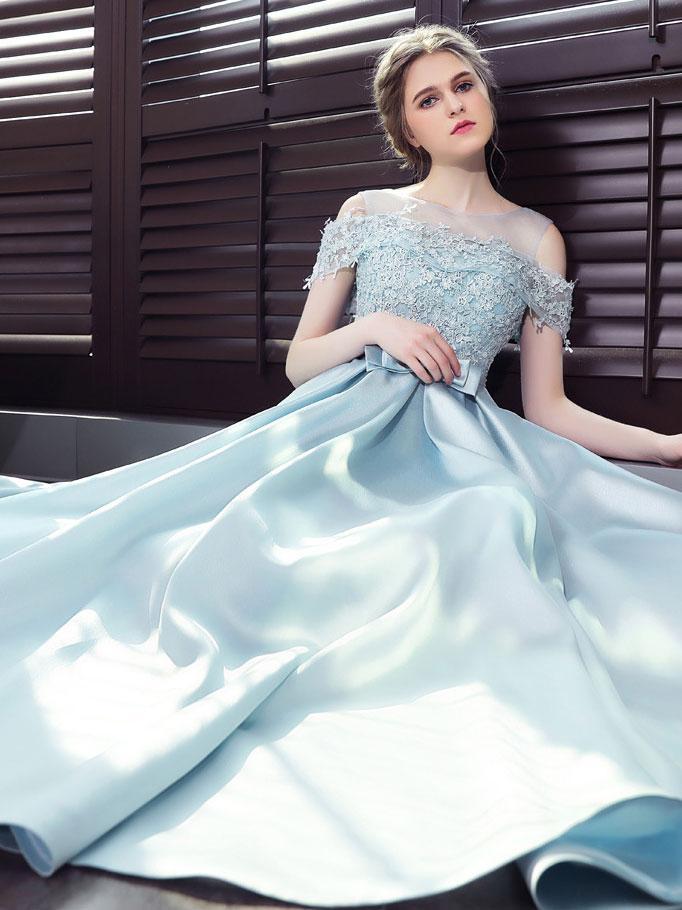 Light Blue Long Satin Lace Off Shoulder Floor Length Prom Dress, Blue Formal Dress   cg16500