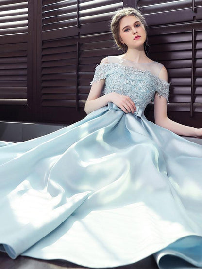 Light Blue Long Satin Lace Off Shoulder Floor Length Prom Dress, Blue Formal Dress   cg16500