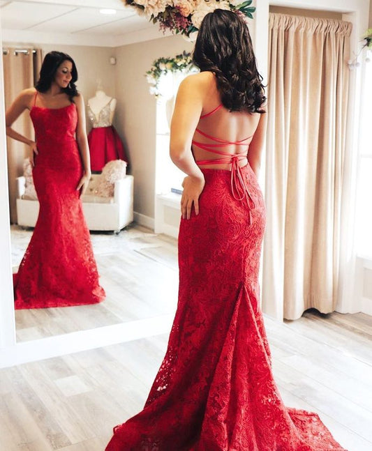 Mermaid Red Lace Long Formal Dress prom Dress    cg16509