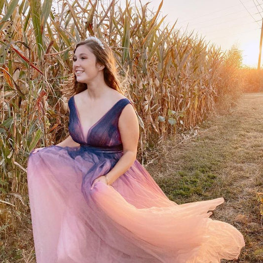 Ombre A-line Tulle Long prom Dress   cg16510