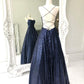 Navy Blue Sequined A-line Long prom Dress   cg16512