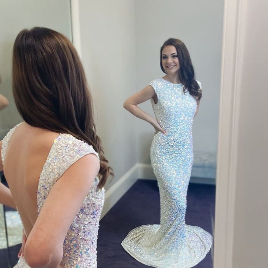 Open Back Mermaid Sequined Long Evening prom Dress    cg16514