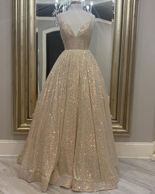 Champagne Glitter A-line Long Prom Gown    cg16515