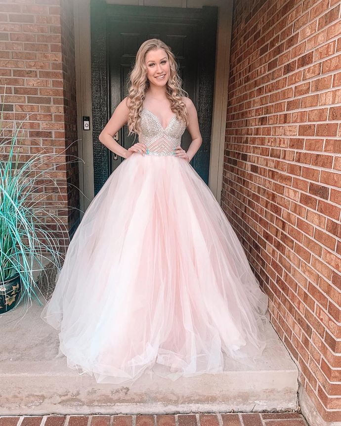 Lace Up Back Pink Tulle Long Prom Dress   cg16516
