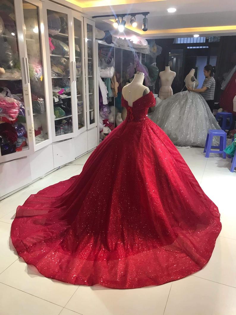 Off shoulder Dress - Off shoulder Red Dress - Red Glitter Fabric - Red Ballgown Dress Prom Dress    cg16521