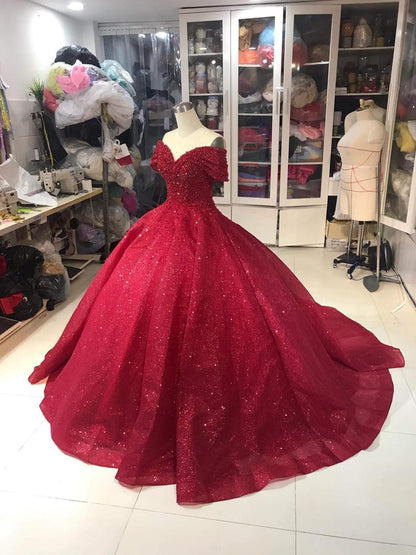 Off shoulder Dress - Off shoulder Red Dress - Red Glitter Fabric - Red Ballgown Dress Prom Dress    cg16521