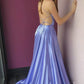Lilac satin v neck spaghetti straps long prom dress with pockets   cg16564