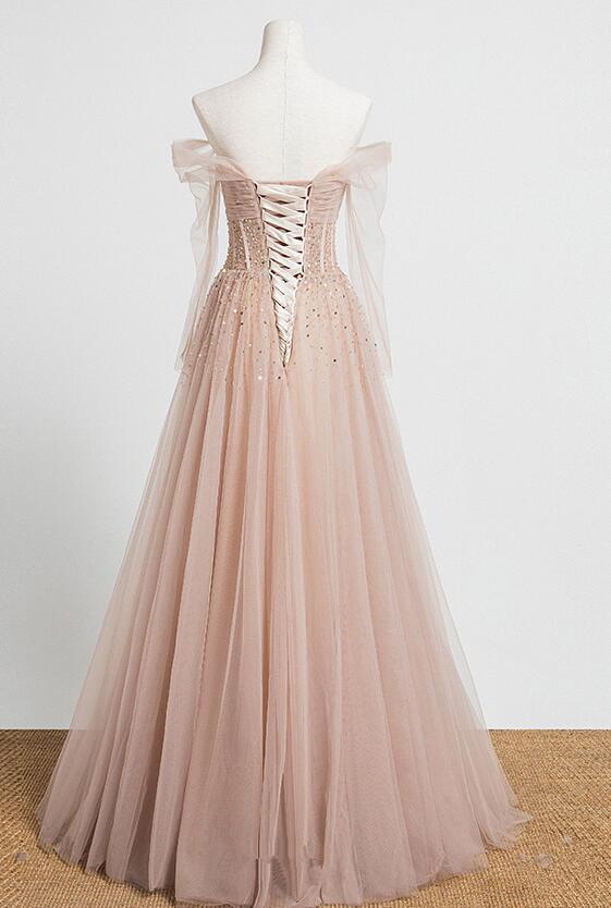 Pearl Pink Off Shoulder Long Sleeves Sequins Prom Dress, A-Line Party Dress Formal Dress   cg16565