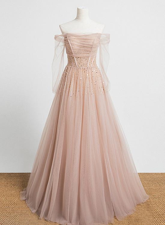 Pearl Pink Off Shoulder Long Sleeves Sequins Prom Dress, A-Line Party Dress Formal Dress   cg16565