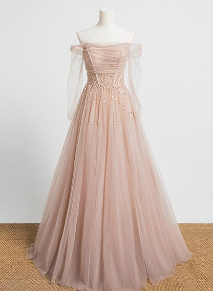 Pearl Pink Off Shoulder Long Sleeves Sequins Prom Dress, A-Line Party Dress Formal Dress   cg16565