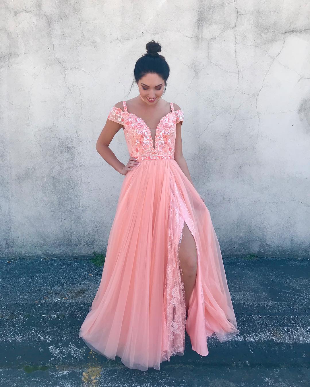 PINK LACE LONG A LINE PROM DRESS OFF SHOULDER EVENING DRESS   cg16569