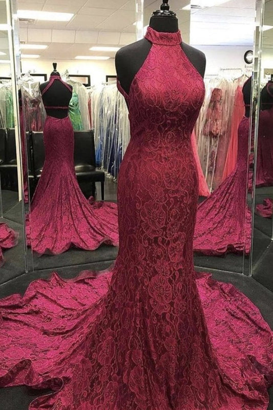 High Neck Backless Burgundy Lace long Prom Dress, Long Burgundy Lace Formal Evening Dress, Burgundy Ball Gown   cg16580