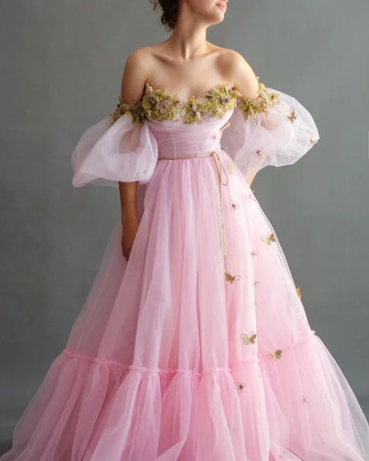 Handmade embroidered gold colored flowers and butterflies with a shiny gold waist  Prom Dress    cg16584