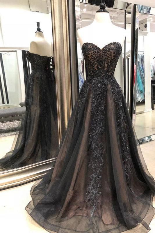 Black Sweetheart Tulle Lace Strapless Beads Prom Dresses with Lace up Evening Dresses   cg16589