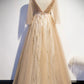 CHAMPAGNE V NECK LACE LONG PROM DRESS A LINE EVENING DRESS    cg16616