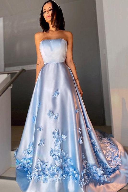 A-Line Satin Flower Strapless Sleeveless Sweep Train Prom Dresses   cg16617