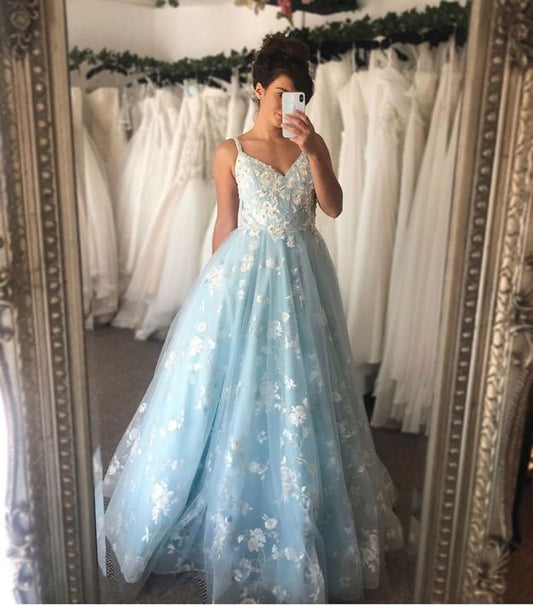 Appliques V-Neck A-Line Prom Dresses,Long Prom Dresses,Cheap Prom Dresses   cg16624