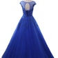 Royal Blue Ball Gown Tulle With Lace Round Cap Sleeves Prom Dress, Blue Sweet 16 Dress   cg16637